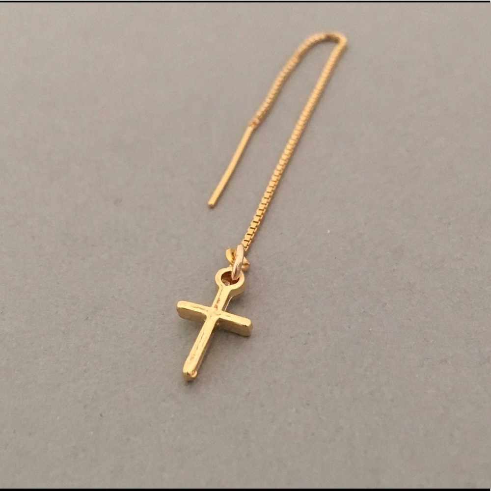 Mini Cross Threader Chain Earrings - Gold Fill - Picture 2 of 4